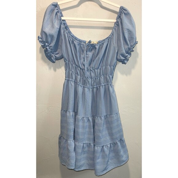Liberty Love Dresses & Skirts - Blue Gingham Smocked Babydoll Dress Puff Sleeve Tiered Cottagecore Size L